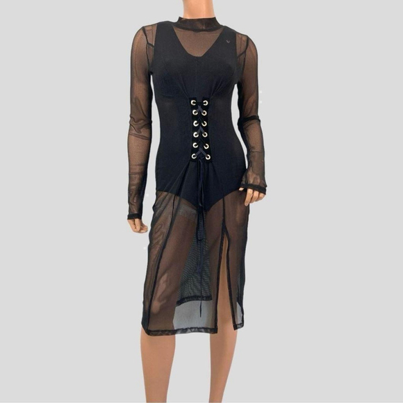 Y2K Black Sheer Mesh Corset Dress Velvet Trim Lace Up Front Fairygrunge Goth S - Picture 6 of 9